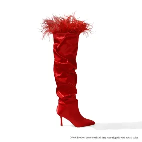 LUISA-4 THIGH HIGH BOOTS W/ OSTRICH FEATHER ON COLLAR - RED