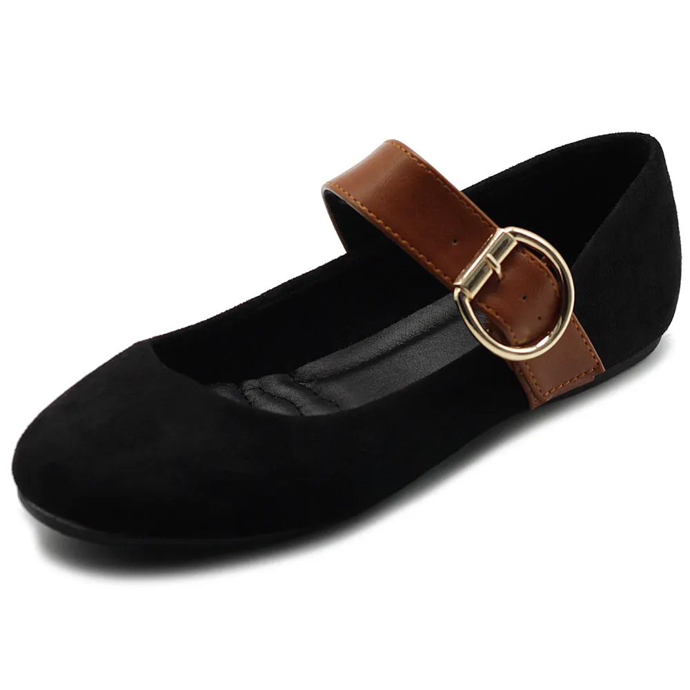 Ollio Women's Shoes Faux Suede Mary Jane Belt Slip On Comfort Light Ballet Flats