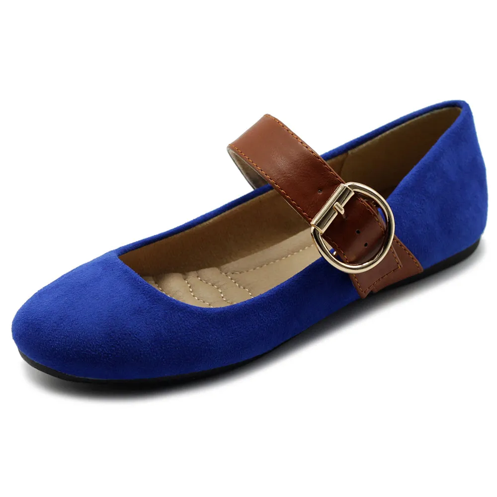 Ollio Women's Shoes Faux Suede Mary Jane Belt Slip On Comfort Light Ballet Flats
