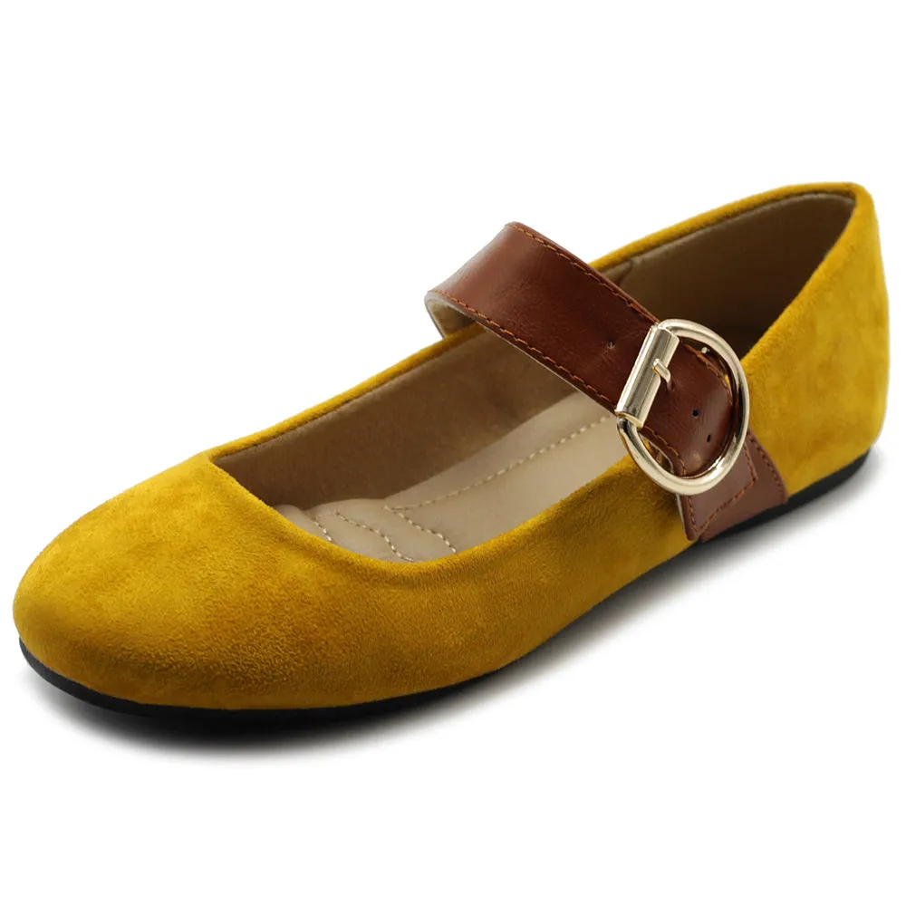 Ollio Women's Shoes Faux Suede Mary Jane Belt Slip On Comfort Light Ballet Flats
