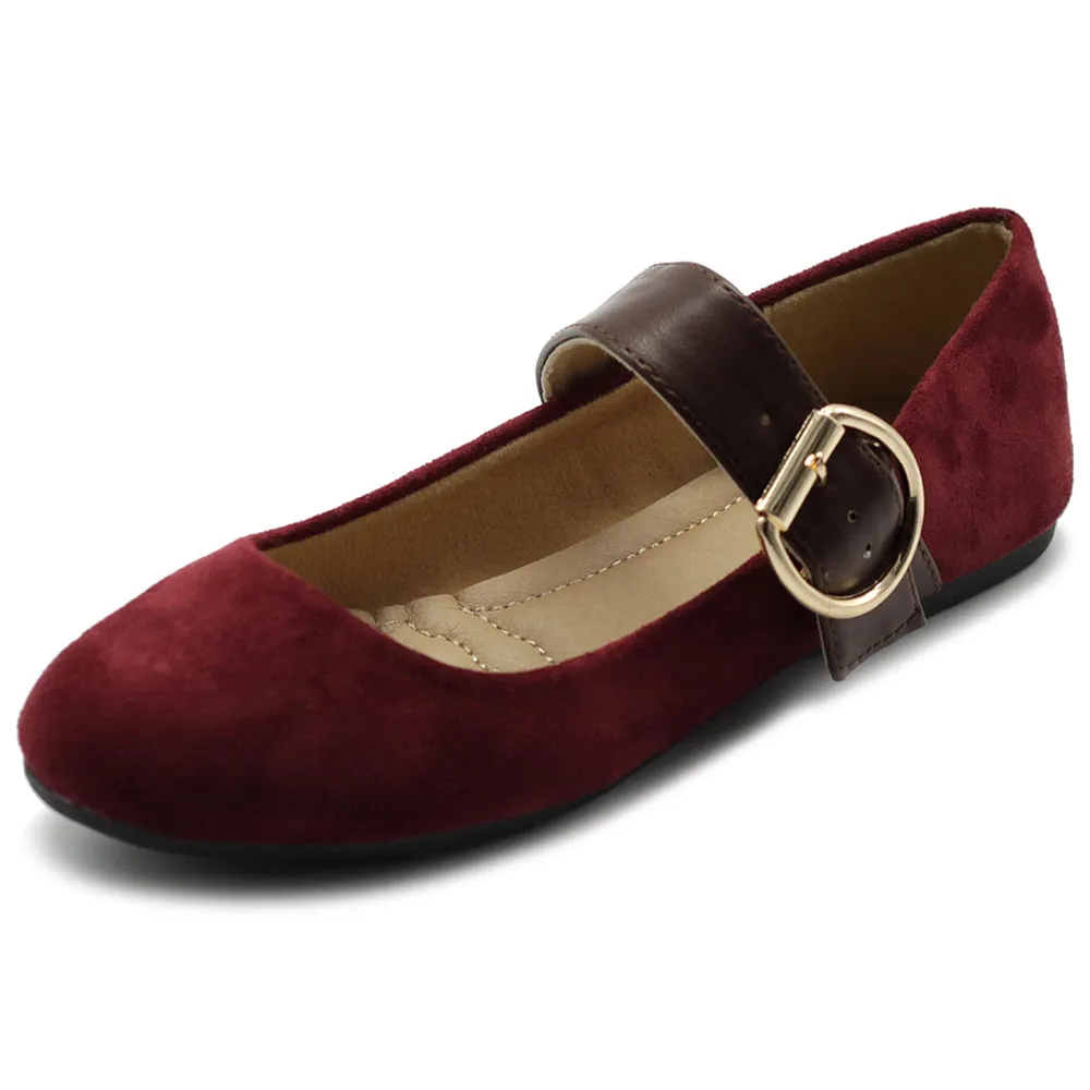 Ollio Women's Shoes Faux Suede Mary Jane Belt Slip On Comfort Light Ballet Flats