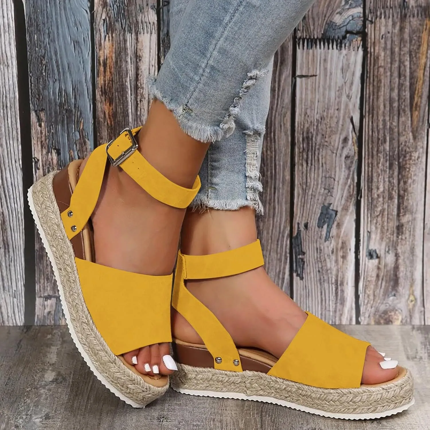 Open Toe Buckle Ankle Strap Espadrilles Flatform Wedge Casual Sandals for Women 2025 Platform Wedge Sandals Women Faux Leather Summer Dressy Elegant Flats