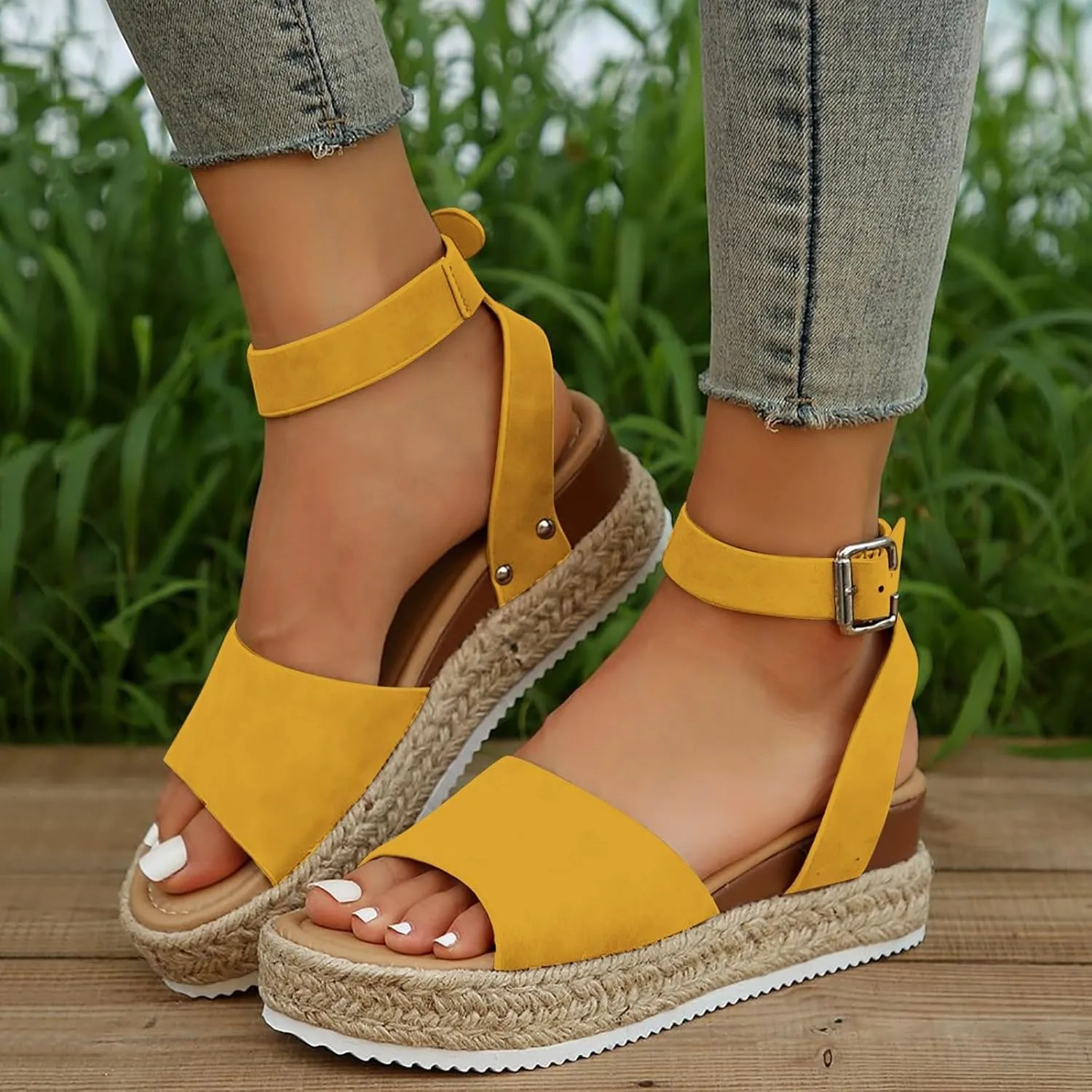 Open Toe Buckle Ankle Strap Espadrilles Flatform Wedge Casual Sandals for Women 2025 Platform Wedge Sandals Women Faux Leather Summer Dressy Elegant Flats