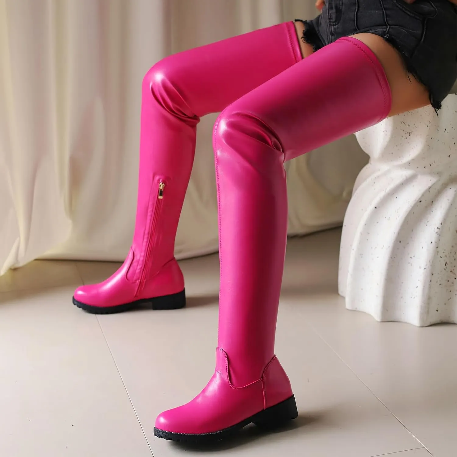 Over the Knee High Boots for Women Side Zipper Round Toe Low Chunky Heel Faux Leather Surgical Stretch Riding Thigh High Boots