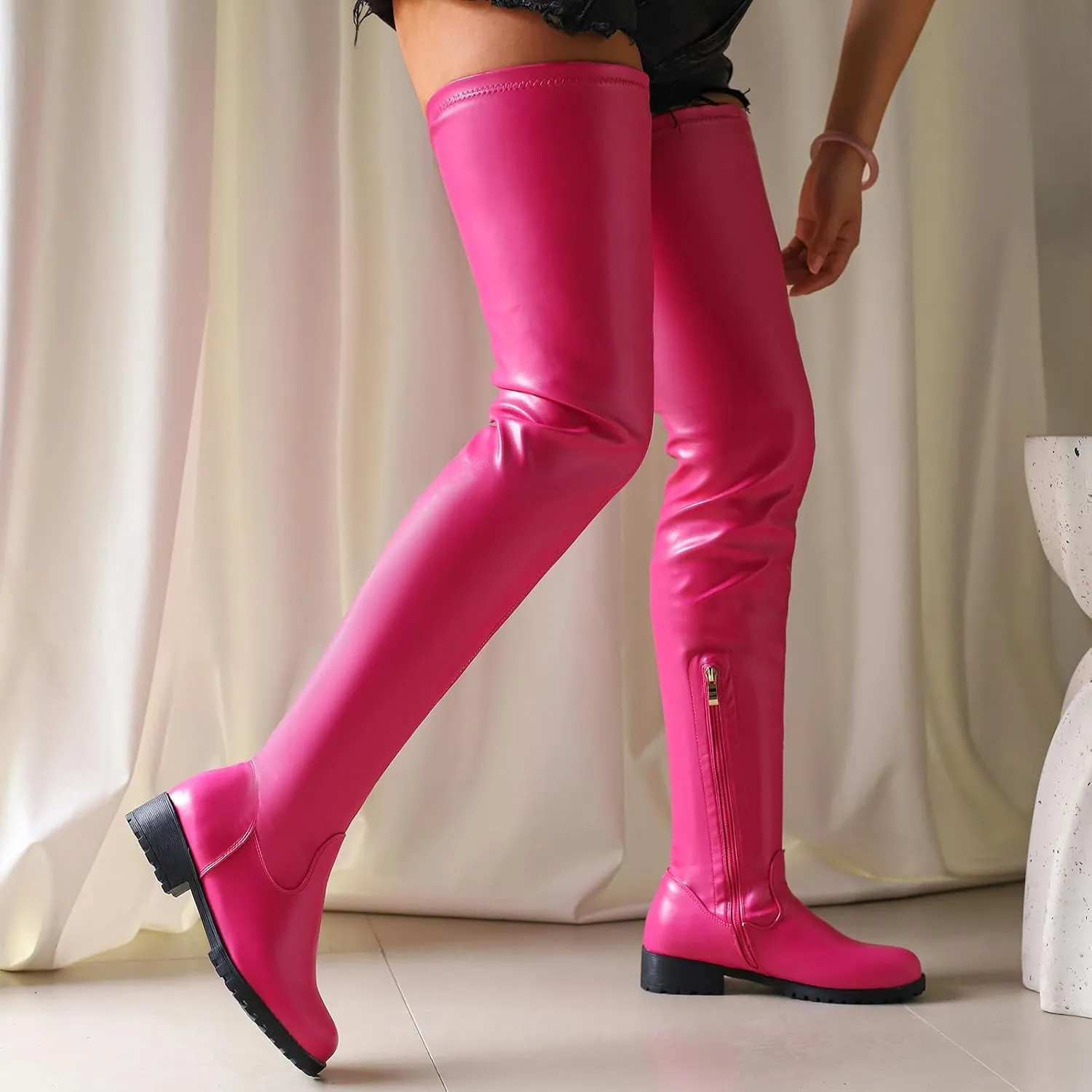 Over the Knee High Boots for Women Side Zipper Round Toe Low Chunky Heel Faux Leather Surgical Stretch Riding Thigh High Boots