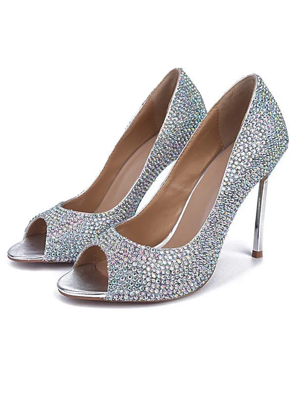 Rhinestone High Heels Sheepskin Peep Toe Stiletto Heel OS130