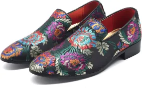Santimon Mens Dress Shoes Smoking Slippers Casual Bow Slip-on Embroidery Flats Penny-Loafers Black Red