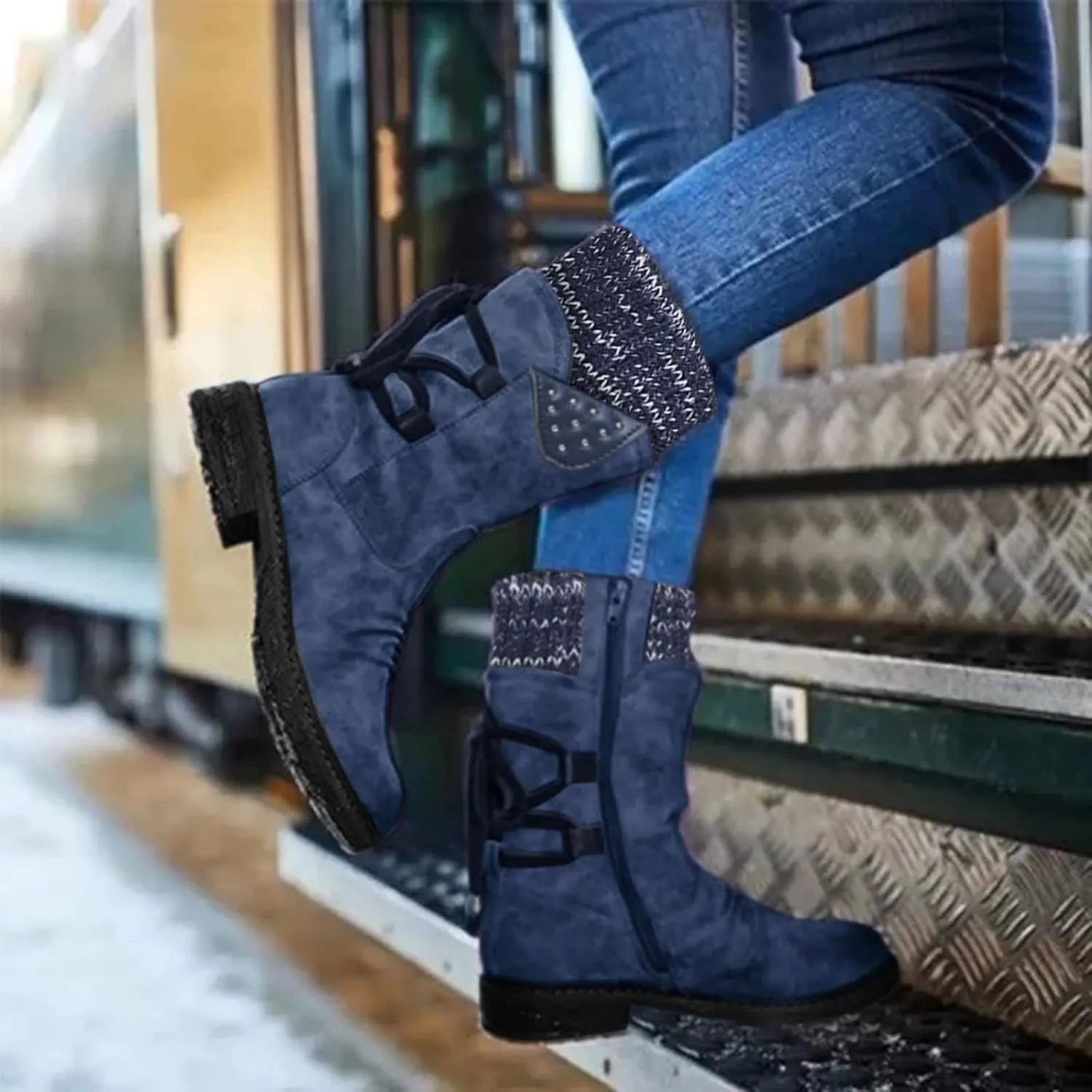 Snow Boots for Women Mid Calf Boots for Women Winter Retro Thick Square Boots Side Zipper Round Toe Comfortable Boots