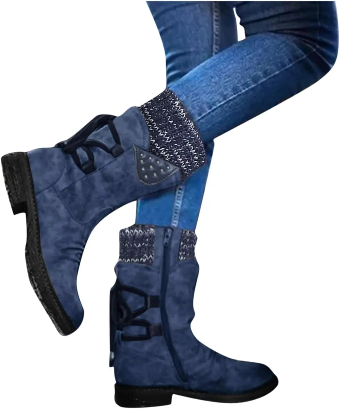 Snow Boots for Women Mid Calf Boots for Women Winter Retro Thick Square Boots Side Zipper Round Toe Comfortable Boots