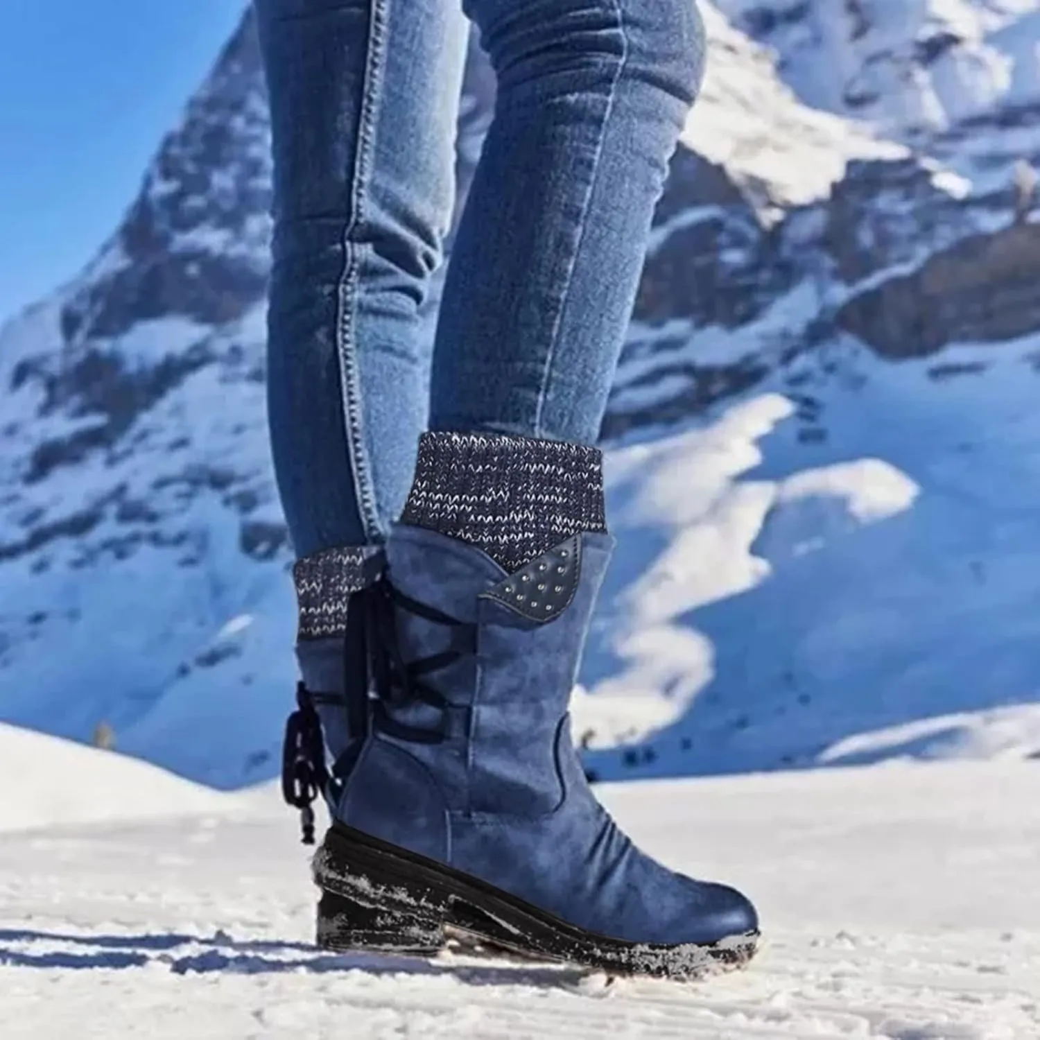 Snow Boots for Women Mid Calf Boots for Women Winter Retro Thick Square Boots Side Zipper Round Toe Comfortable Boots