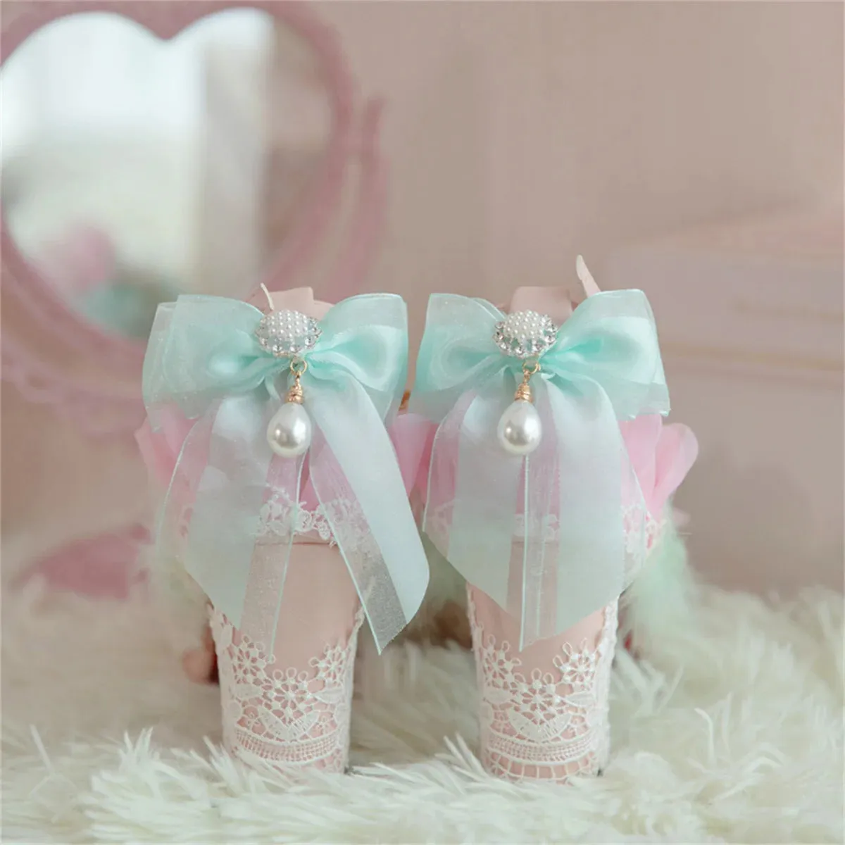 Sohiwoo Japanese Sweet Style Lolita Shoes Wedding Girls Cosplay Tea Party Elegant Pearls Ribbon Bowknot Lace Flower 8cm High Heel Shoes