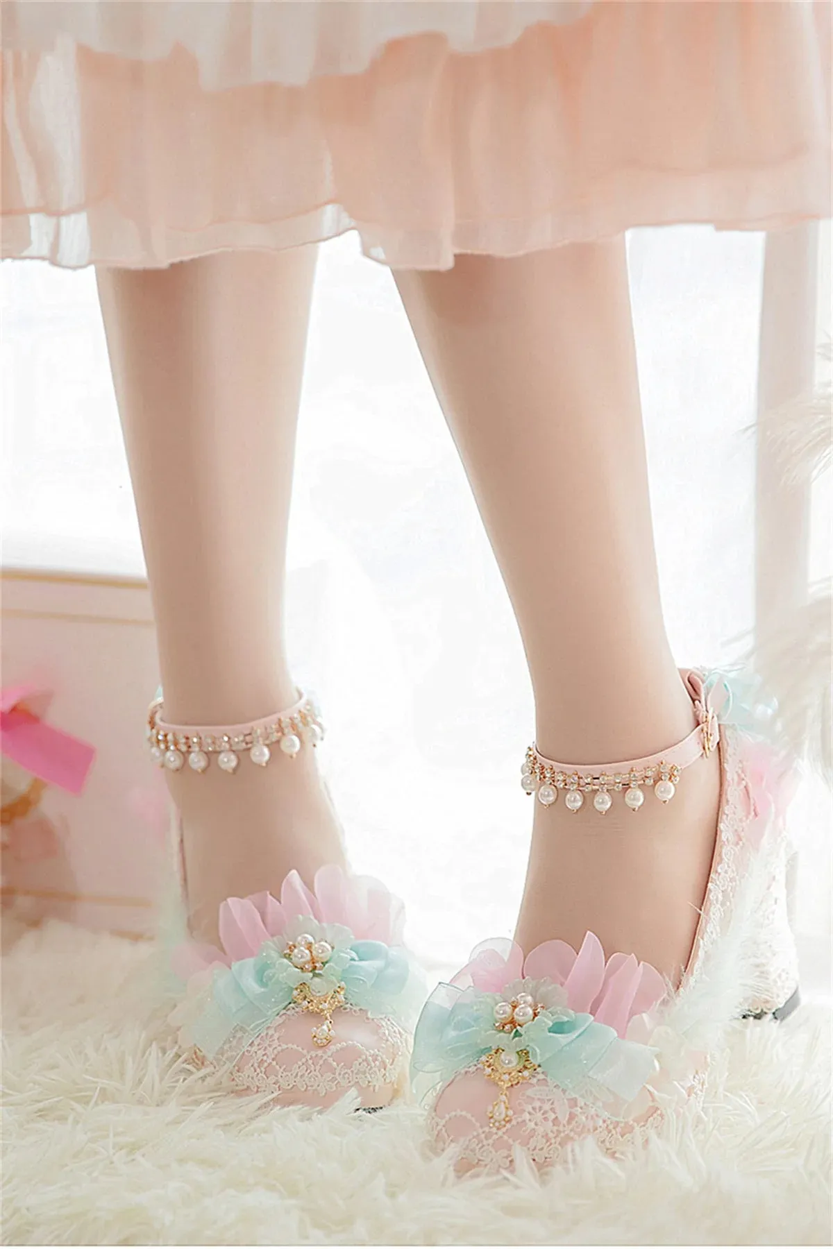 Sohiwoo Japanese Sweet Style Lolita Shoes Wedding Girls Cosplay Tea Party Elegant Pearls Ribbon Bowknot Lace Flower 8cm High Heel Shoes