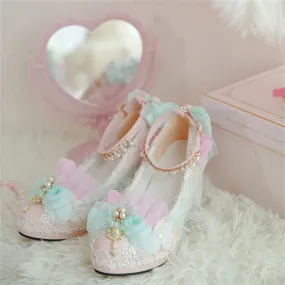 Sohiwoo Japanese Sweet Style Lolita Shoes Wedding Girls Cosplay Tea Party Elegant Pearls Ribbon Bowknot Lace Flower 8cm High Heel Shoes