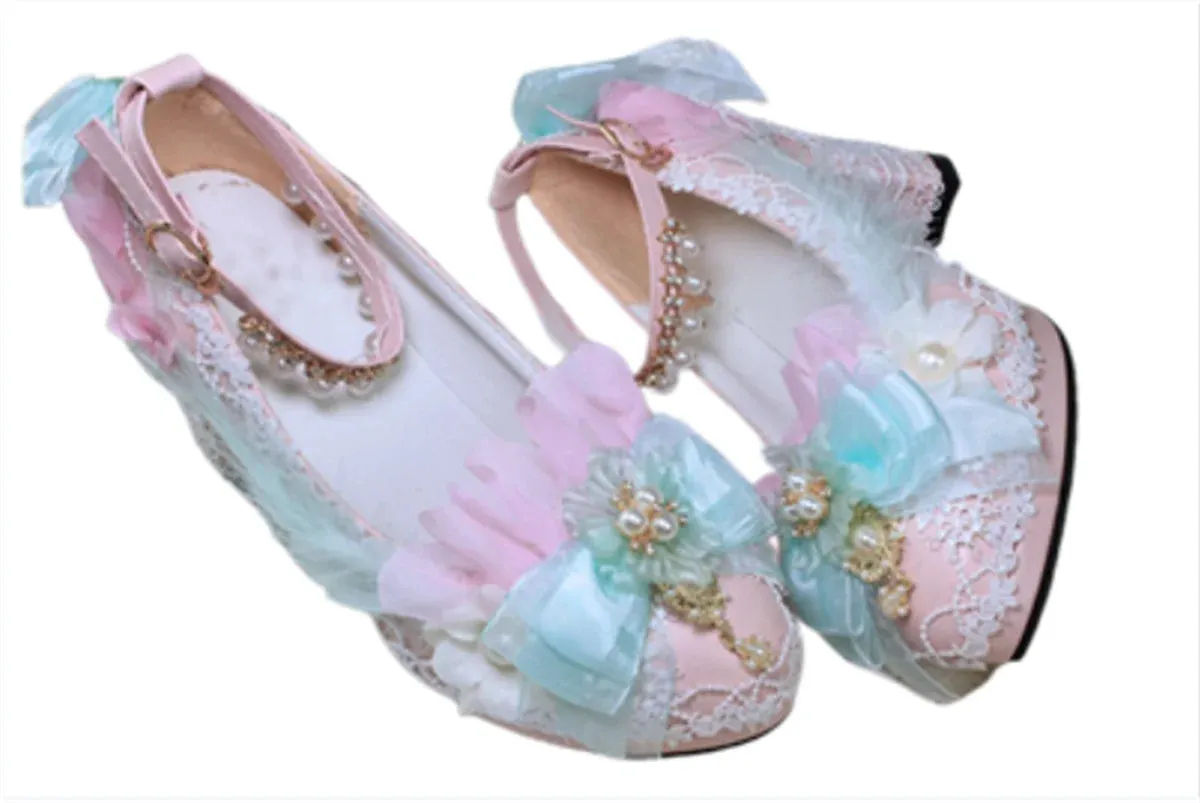 Sohiwoo Japanese Sweet Style Lolita Shoes Wedding Girls Cosplay Tea Party Elegant Pearls Ribbon Bowknot Lace Flower 8cm High Heel Shoes