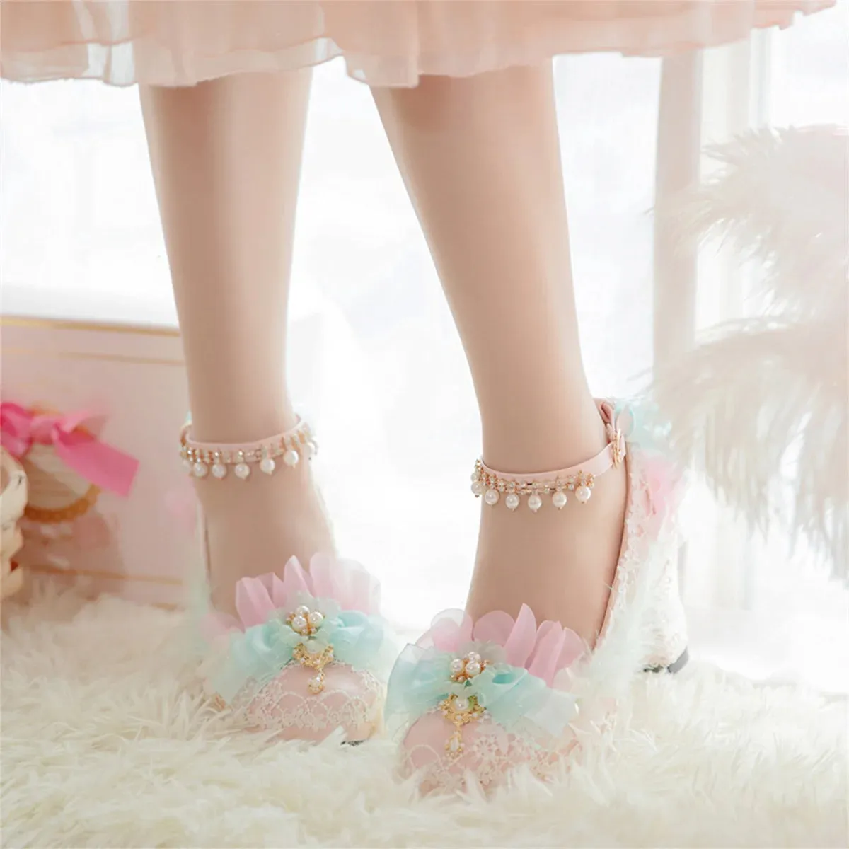 Sohiwoo Japanese Sweet Style Lolita Shoes Wedding Girls Cosplay Tea Party Elegant Pearls Ribbon Bowknot Lace Flower 8cm High Heel Shoes