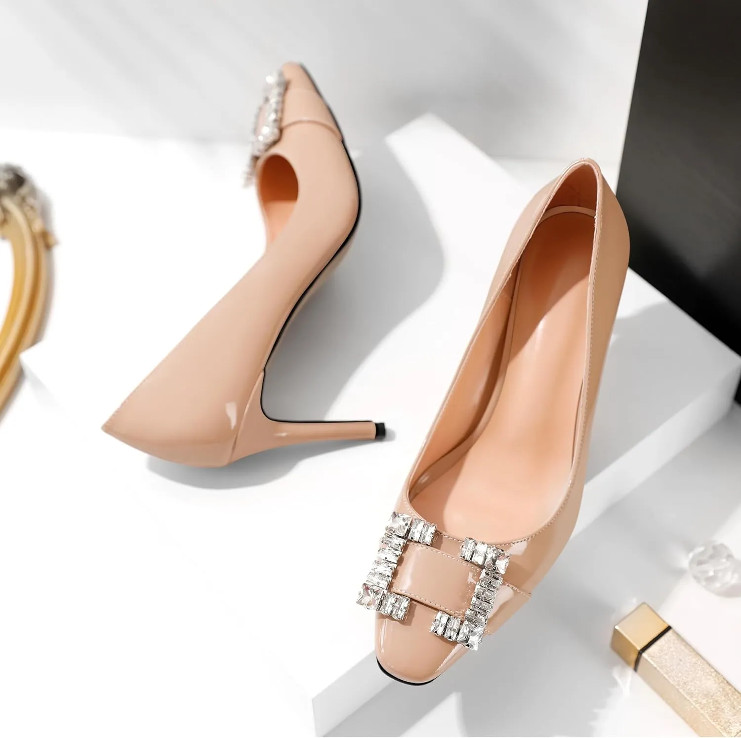 Soireelady Womens High Heel Rhinestone Crystal Pumps Closed Pointed Toe Stiletto Heels Slip On Wedding Evening Dress Shoes 3.5 Inch