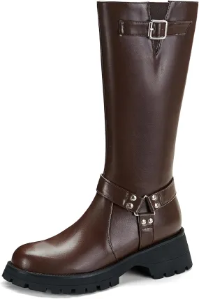 SoundSky Women's Mid Calf Combat Boots Goth Platform Motorcycle Boots Buckle Riding Biker Boots Chunky Low Heel Side Zipper Fall Winter Boots