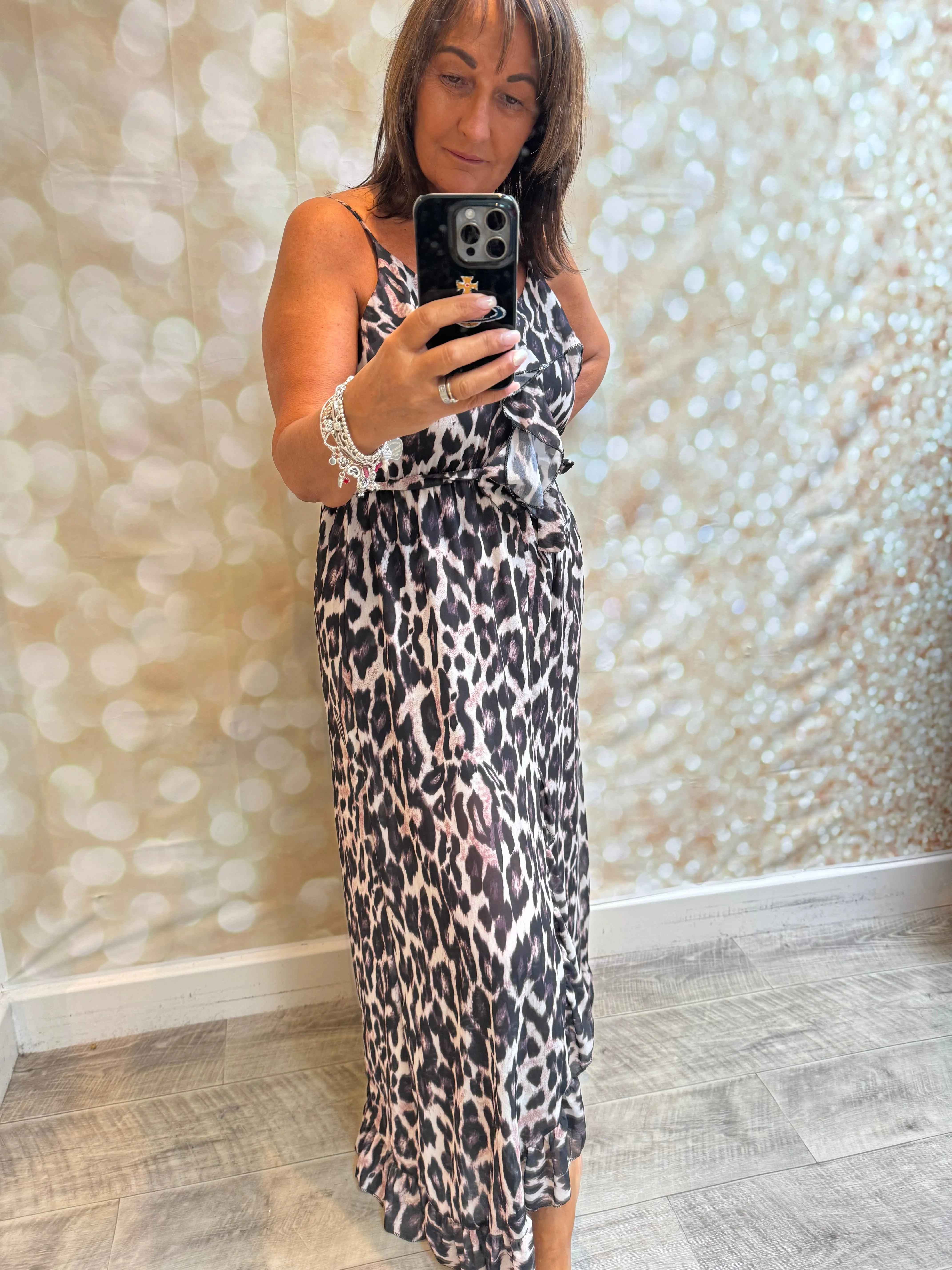 Strappy Leopard Wrap Over Frill Hem Dress
