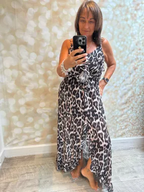 Strappy Leopard Wrap Over Frill Hem Dress