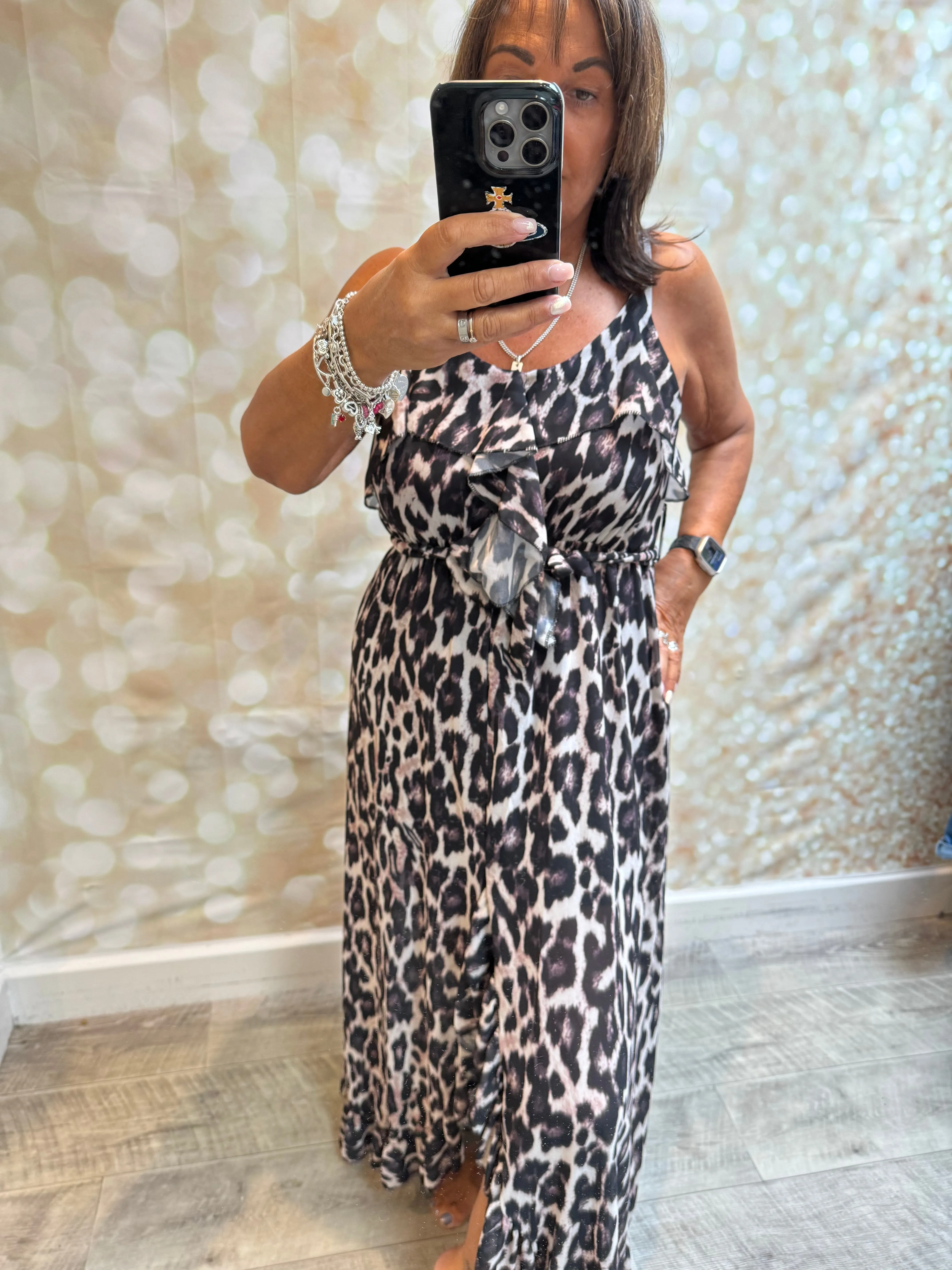 Strappy Leopard Wrap Over Frill Hem Dress