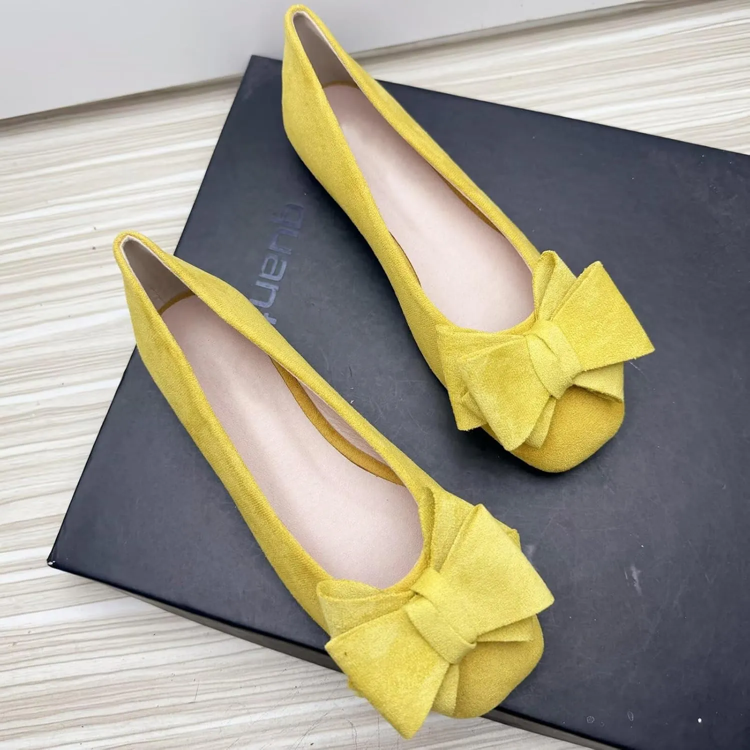 Stunner Womens Bowknot Ballet Flats Square Toe Casual Flats Comfortable Velvet Flats Slip On Work Flats