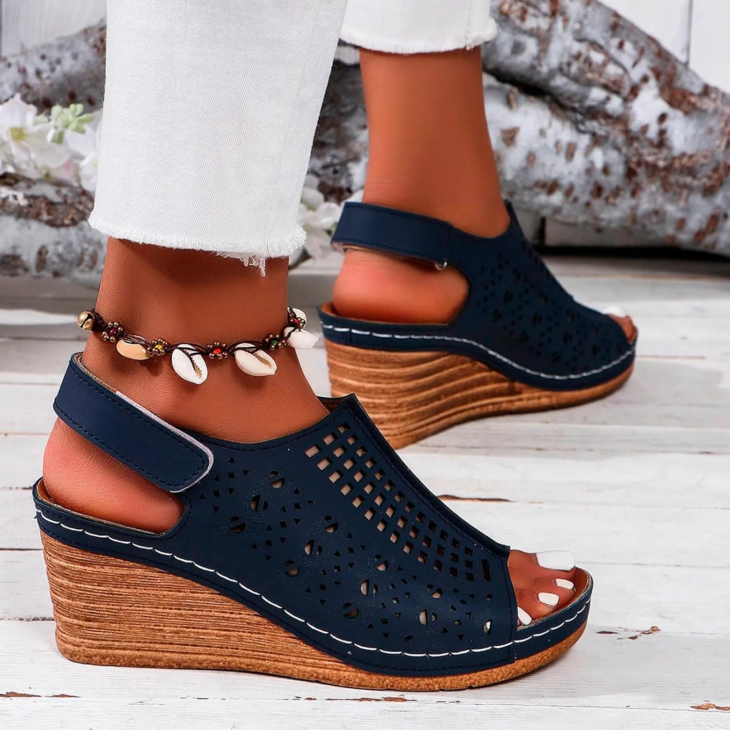 SuanlaTDS Women's Platform Wedge Sandals Open Toe Adjustable Ankle Strap Singback Casual Summer Dressy Comfortable Outdoor Walking Beach Shoes Elegant High Heels Wedges Sandal for Party