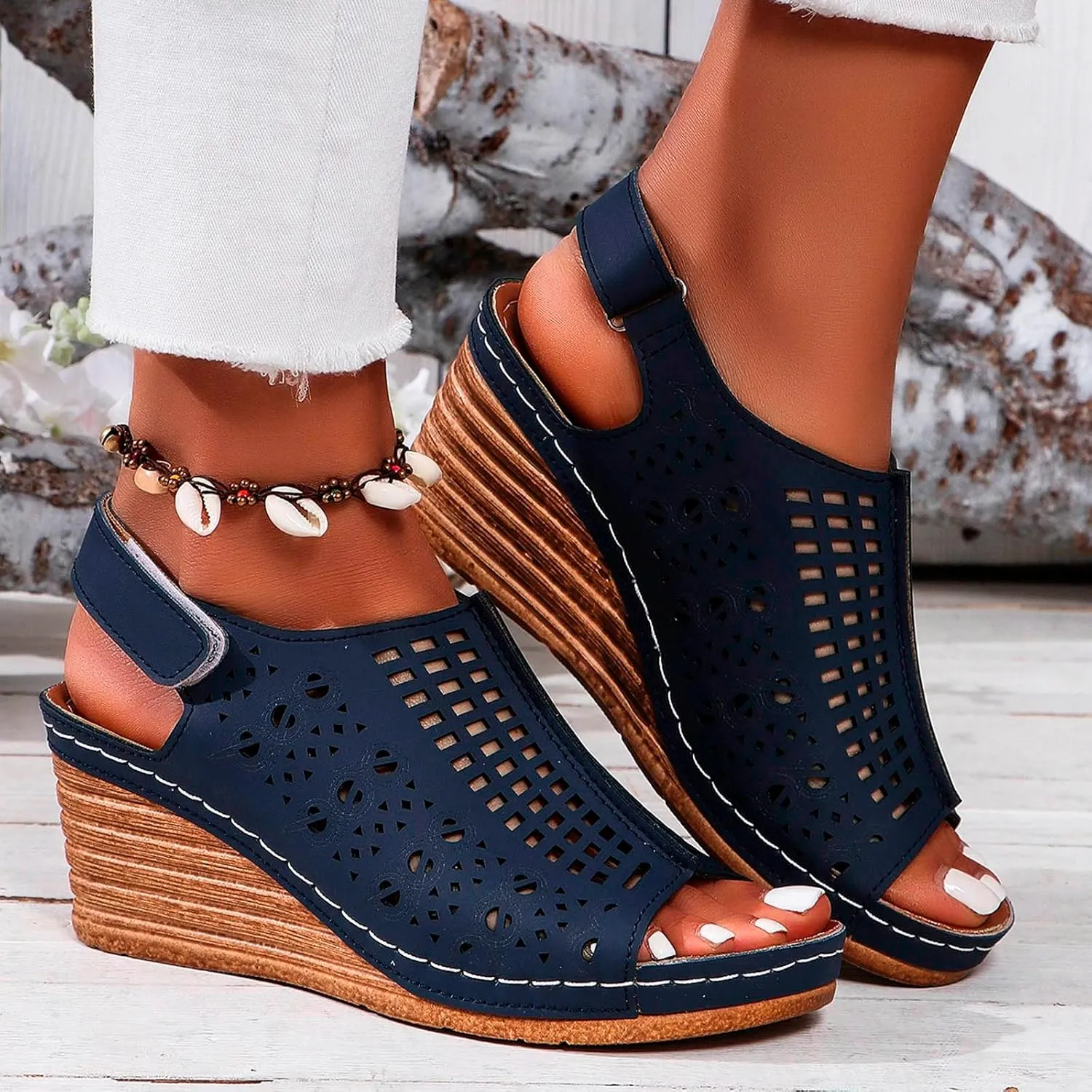SuanlaTDS Women's Platform Wedge Sandals Open Toe Adjustable Ankle Strap Singback Casual Summer Dressy Comfortable Outdoor Walking Beach Shoes Elegant High Heels Wedges Sandal for Party