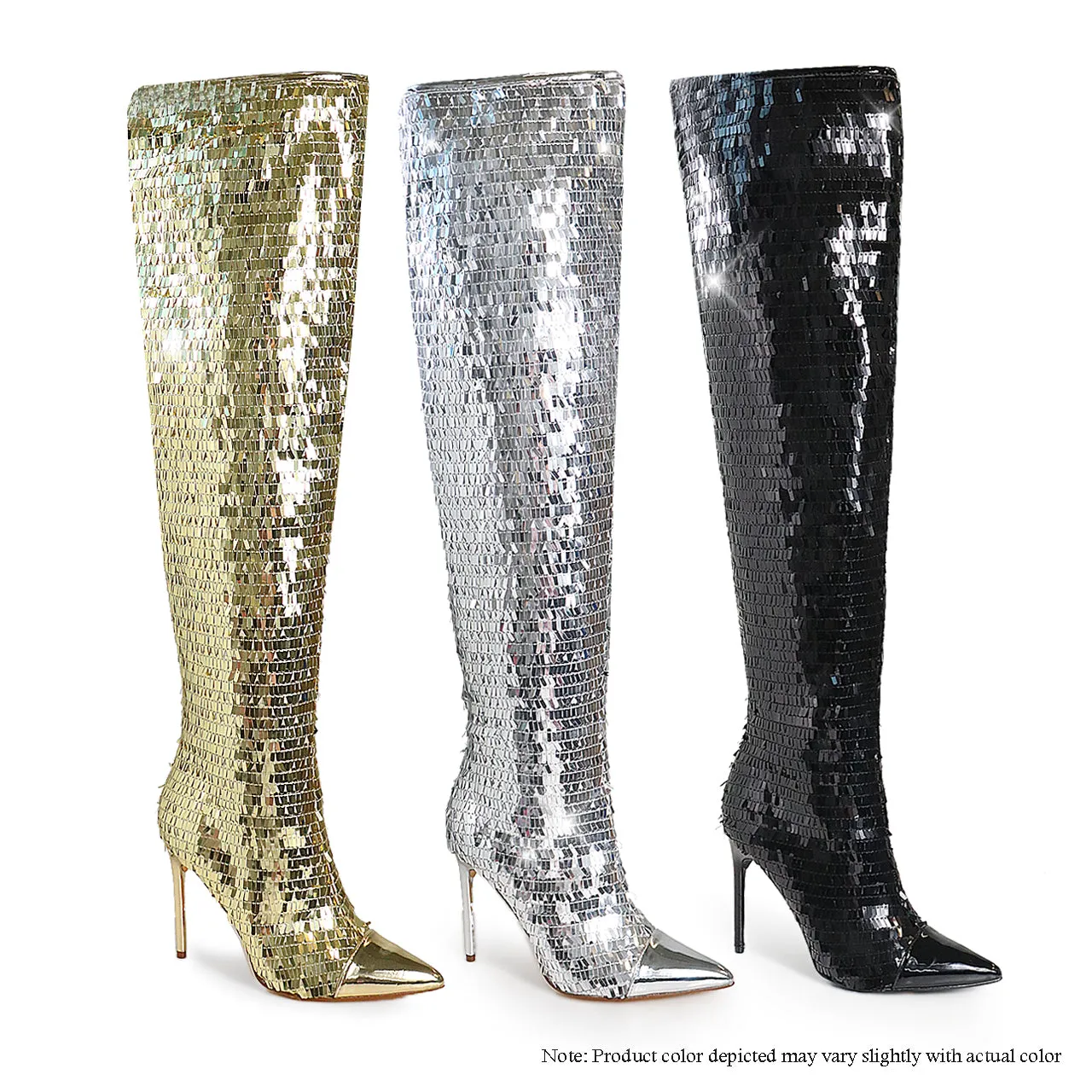 VITTO-74 SEQUIN THIGH HIGH POINTED BOOTS - SILVER
