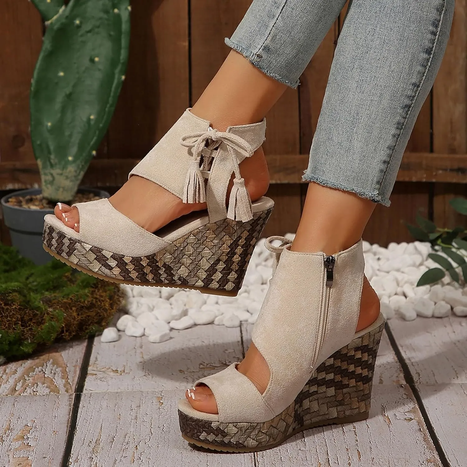 Wedge Sandals for Women 2025 Dressy Open Toe Suede Espadrilles Sandals Comfortable Ankle Strap Platform Wedges Suitable Boho Beach Summer Shoes Summer Orthopedic High Heels