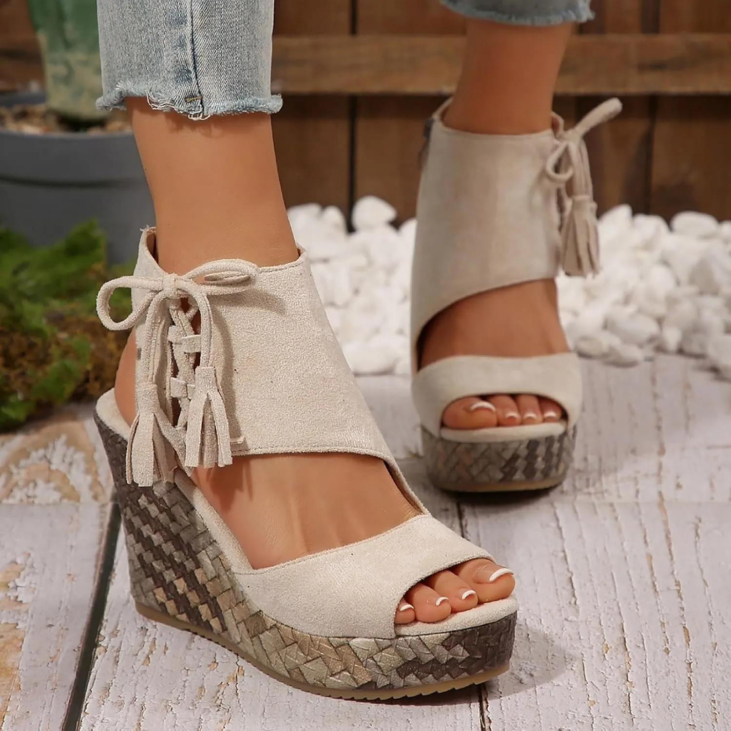 Wedge Sandals for Women 2025 Dressy Open Toe Suede Espadrilles Sandals Comfortable Ankle Strap Platform Wedges Suitable Boho Beach Summer Shoes Summer Orthopedic High Heels