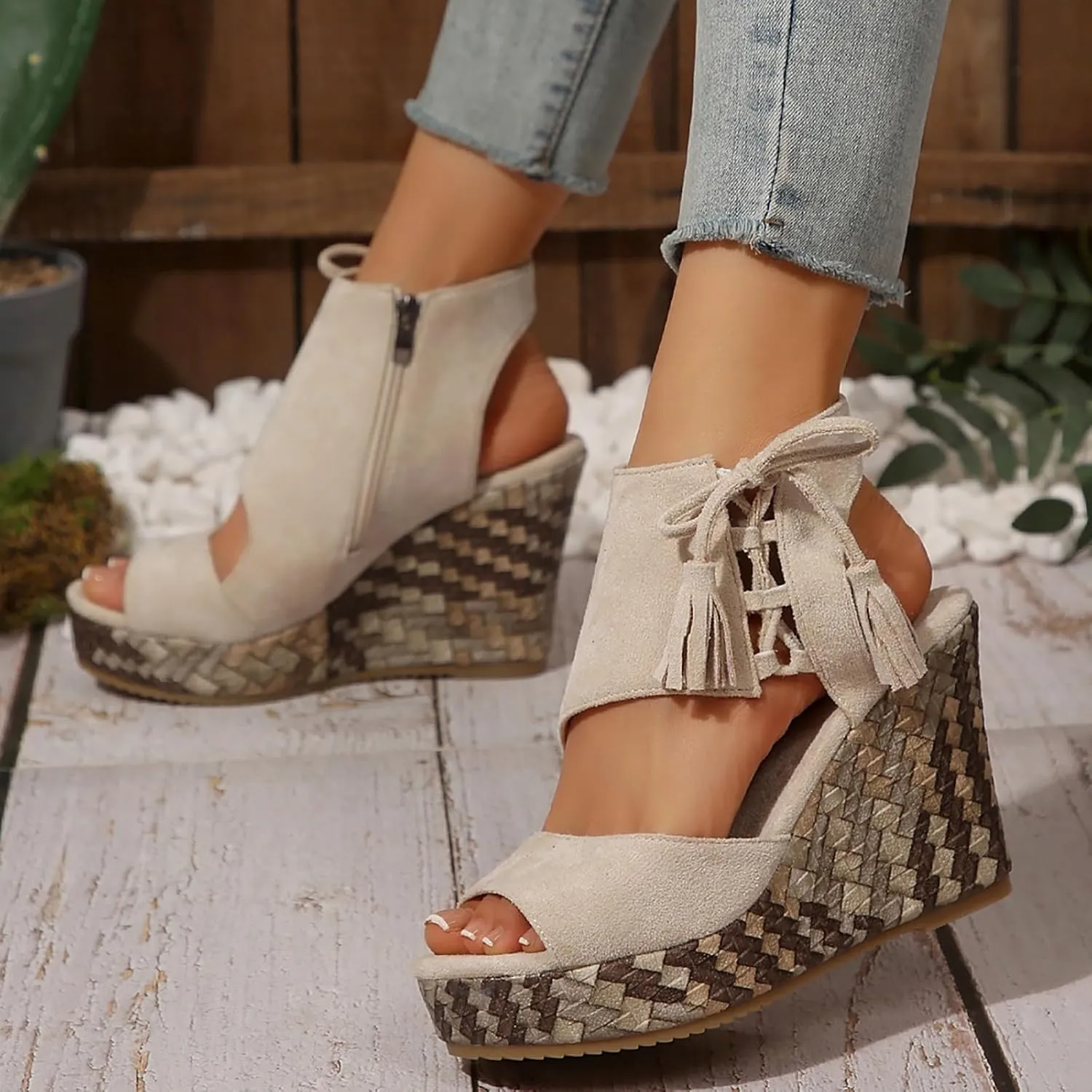 Wedge Sandals for Women 2025 Dressy Open Toe Suede Espadrilles Sandals Comfortable Ankle Strap Platform Wedges Suitable Boho Beach Summer Shoes Summer Orthopedic High Heels