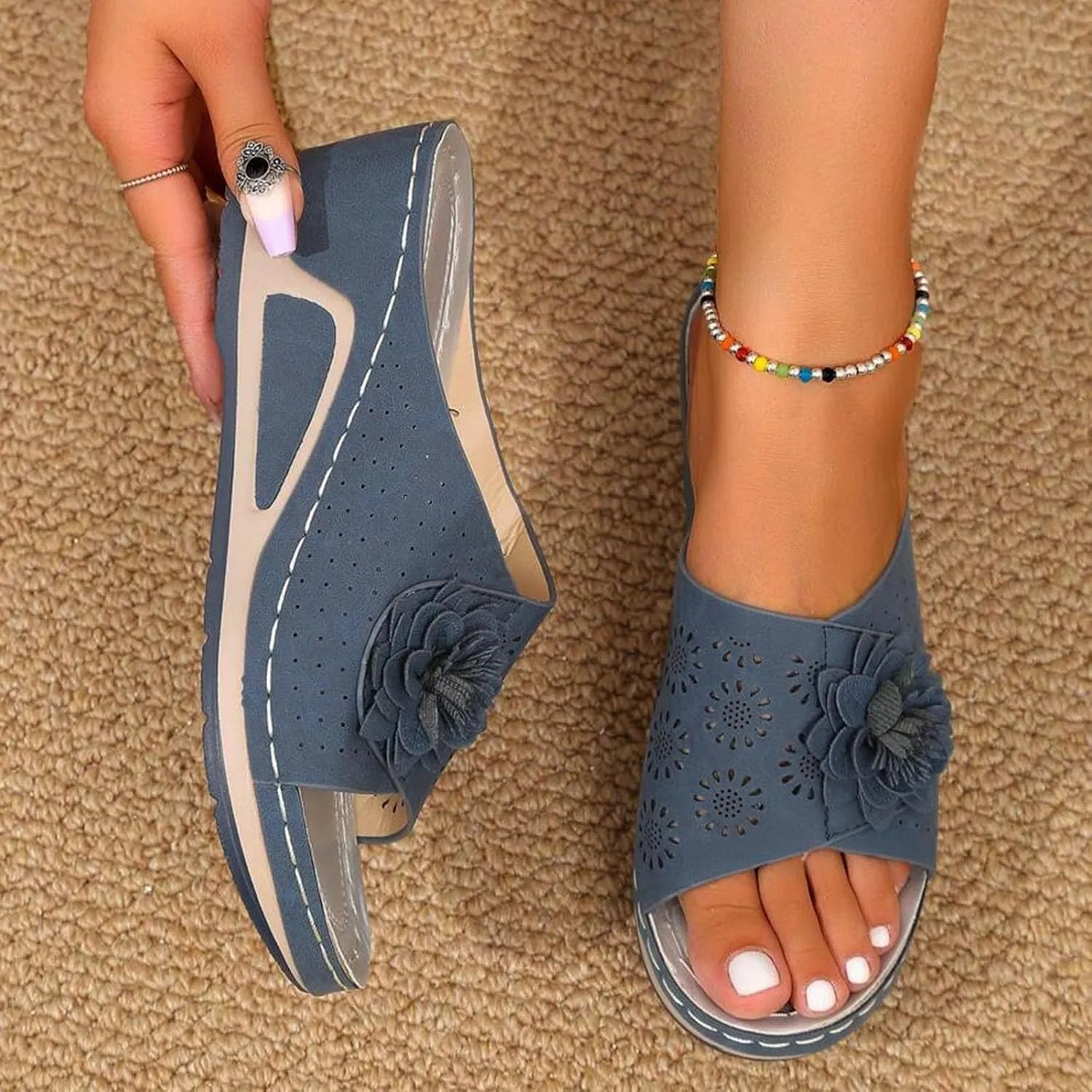 Wedge Sandals for Women Hollow Out Flower Sandal Women's Leather Soft Insole Orthopedic Arch Support Sandals Bohemian Casual Comfy Slides Flat Beach Shoes Moccasins Dressy Open-Toe Wedge Sandal