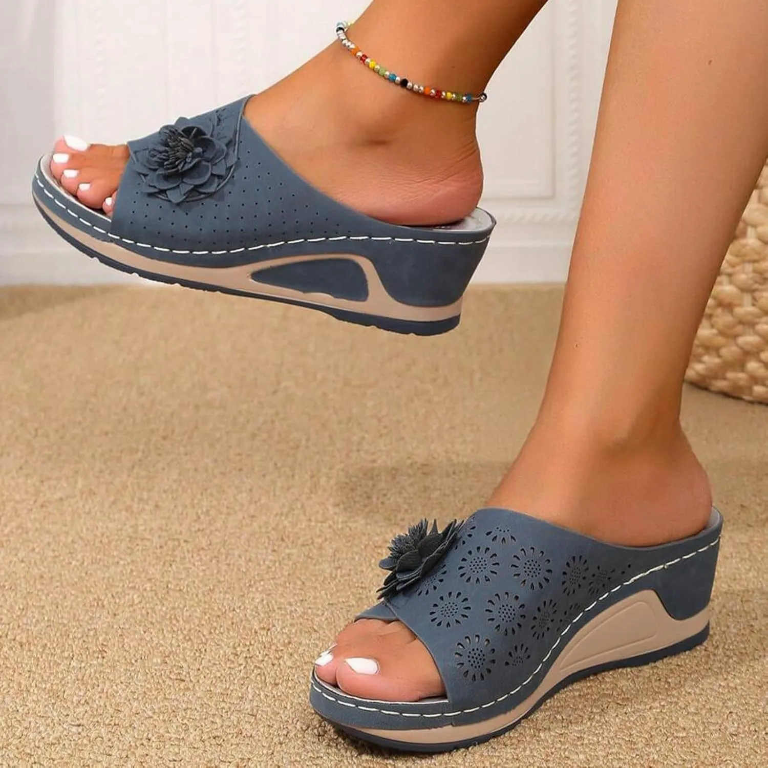 Wedge Sandals for Women Hollow Out Flower Sandal Women's Leather Soft Insole Orthopedic Arch Support Sandals Bohemian Casual Comfy Slides Flat Beach Shoes Moccasins Dressy Open-Toe Wedge Sandal