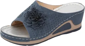 Wedge Sandals for Women Hollow Out Flower Sandal Women's Leather Soft Insole Orthopedic Arch Support Sandals Bohemian Casual Comfy Slides Flat Beach Shoes Moccasins Dressy Open-Toe Wedge Sandal
