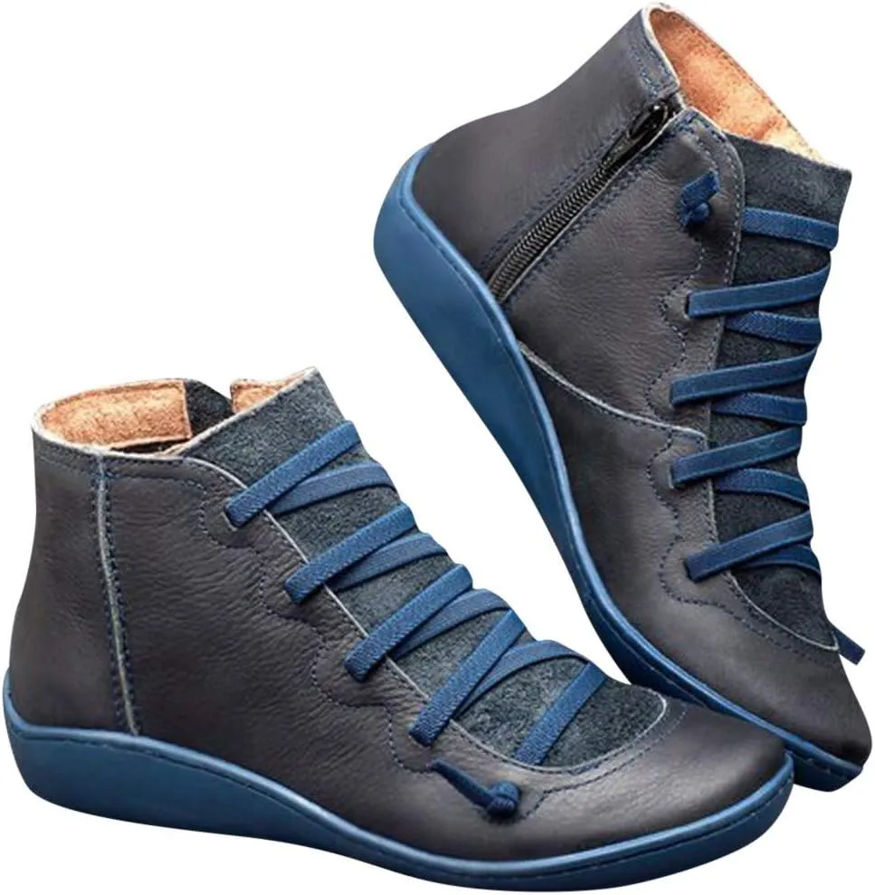 Wide Calf Boots for Women Fashion Ankle Boots Comfy Round Toe Flat Shoes Lace up Retro Side Zipper Women Short Boots