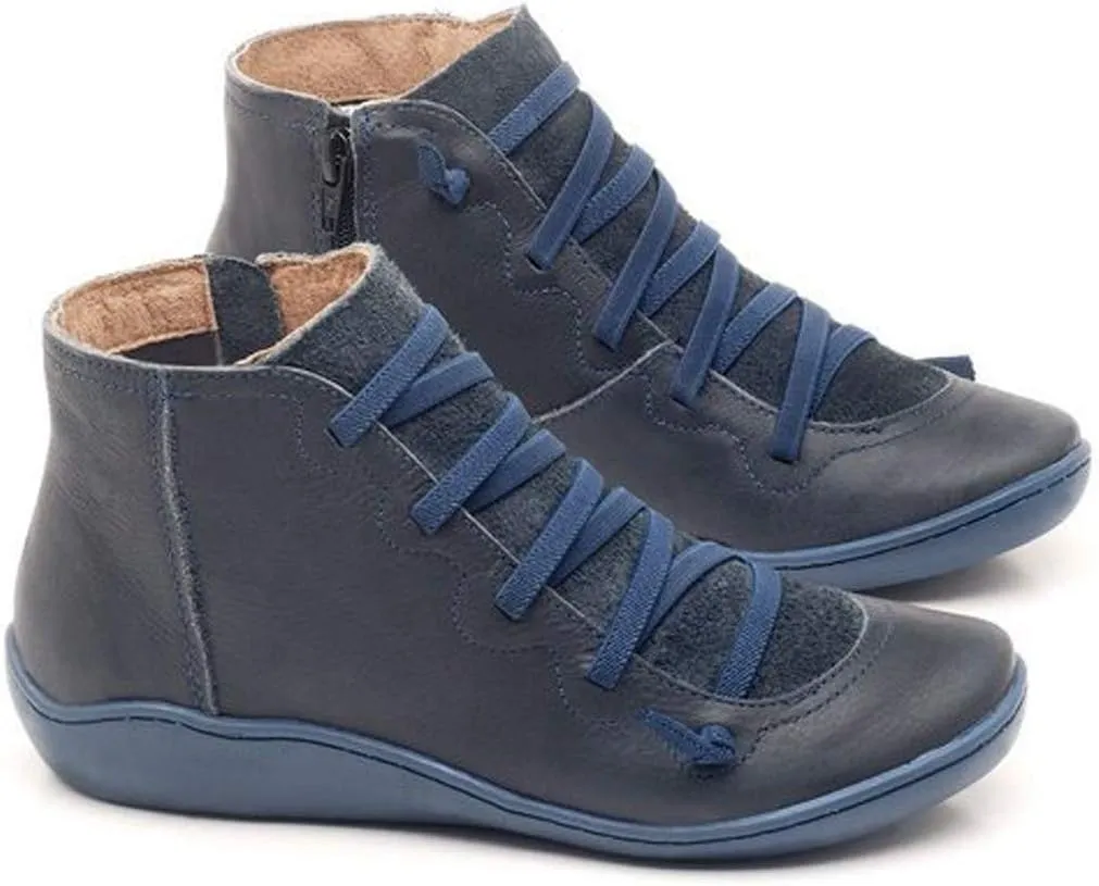 Wide Calf Boots for Women Fashion Ankle Boots Comfy Round Toe Flat Shoes Lace up Retro Side Zipper Women Short Boots