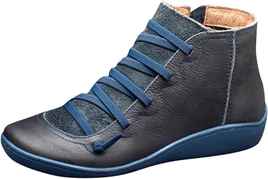 Wide Calf Boots for Women Fashion Ankle Boots Comfy Round Toe Flat Shoes Lace up Retro Side Zipper Women Short Boots