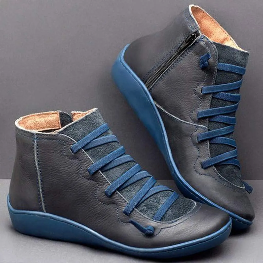 Wide Calf Boots for Women Fashion Ankle Boots Comfy Round Toe Flat Shoes Lace up Retro Side Zipper Women Short Boots