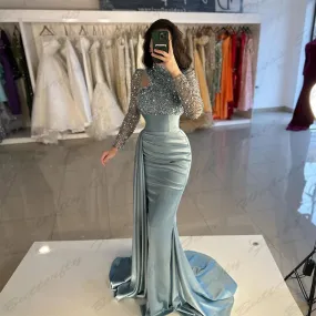 Wjczt Vintage Elegant Women's Evening Dresses Long sleeved High Necked Mermaid Muslim Princess Prom Gowns Arab Dubai Formal Fashion