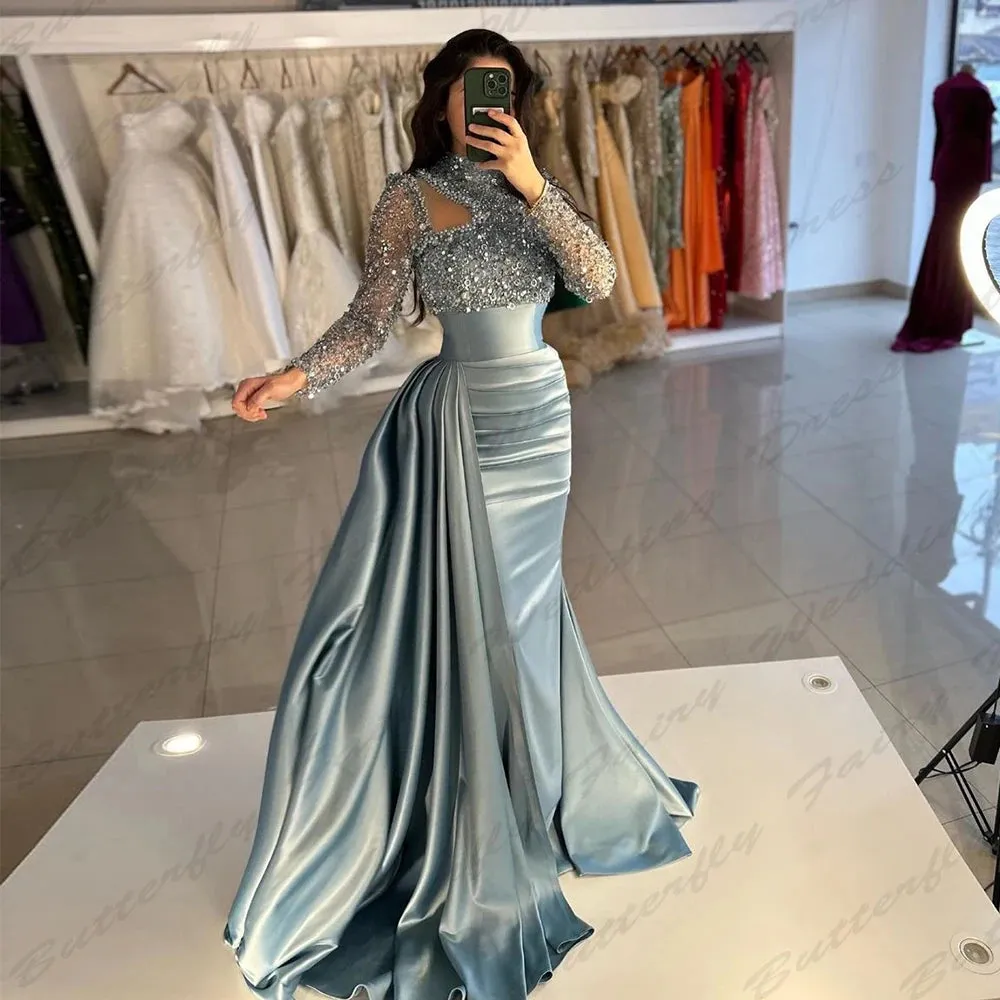Wjczt Vintage Elegant Women's Evening Dresses Long sleeved High Necked Mermaid Muslim Princess Prom Gowns Arab Dubai Formal Fashion