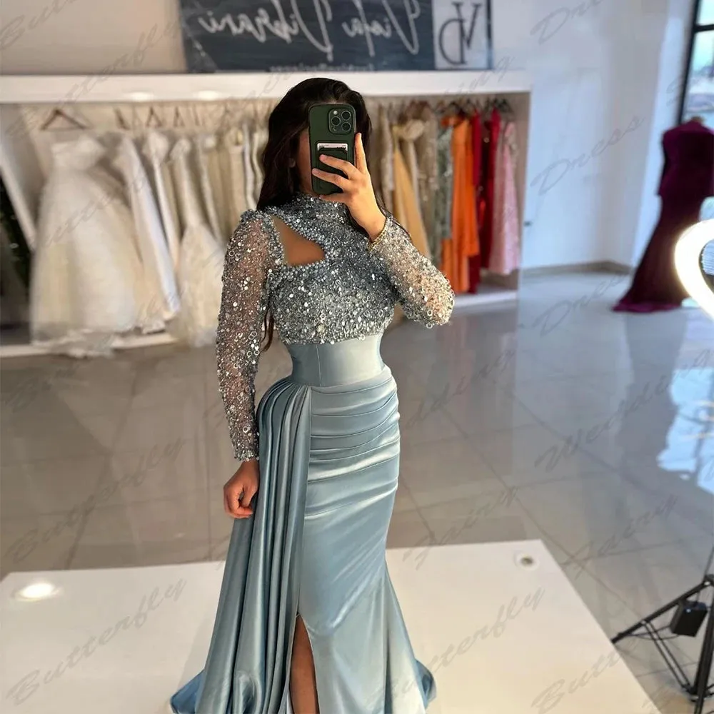 Wjczt Vintage Elegant Women's Evening Dresses Long sleeved High Necked Mermaid Muslim Princess Prom Gowns Arab Dubai Formal Fashion