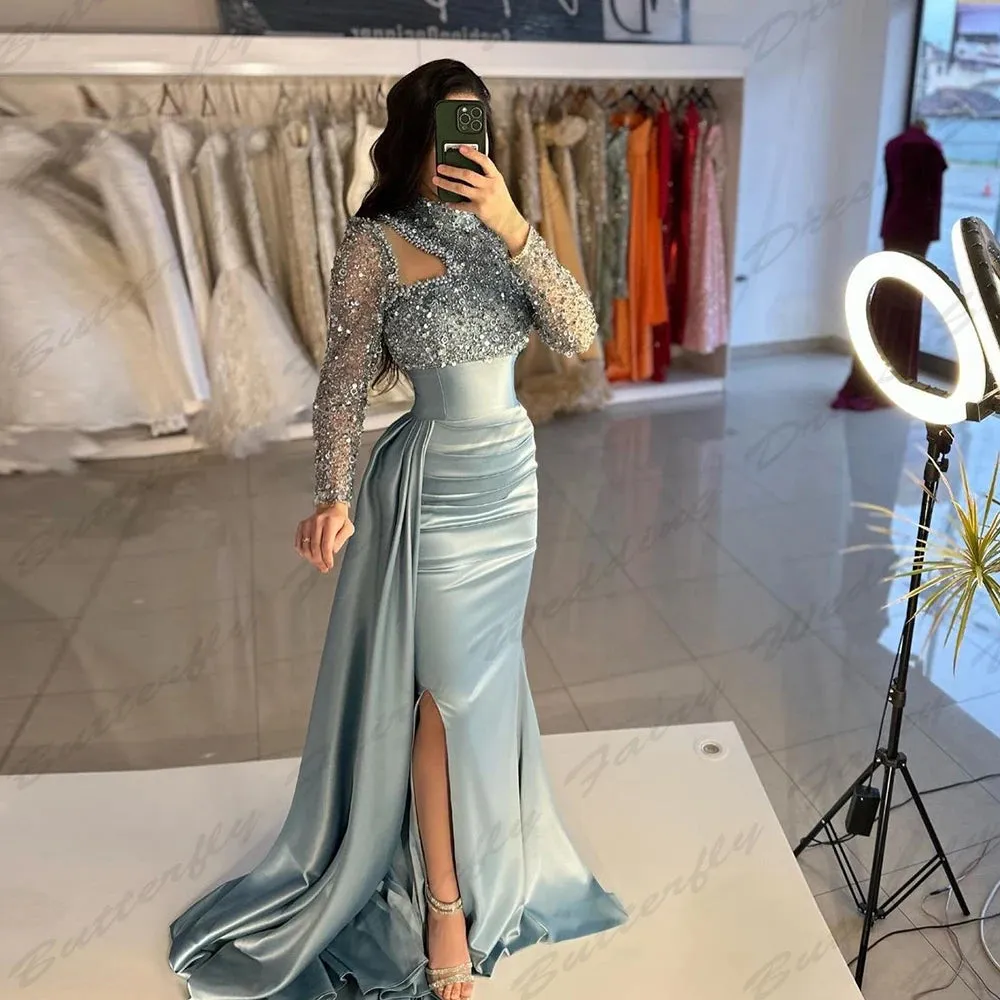 Wjczt Vintage Elegant Women's Evening Dresses Long sleeved High Necked Mermaid Muslim Princess Prom Gowns Arab Dubai Formal Fashion