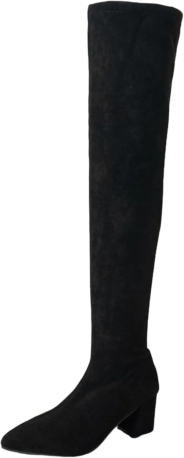 Women Over the Knee Boots Thigh High Chunky Heel Boots Comfortable Suede Long Boots Pointed Toe Winter Dressy Shoes