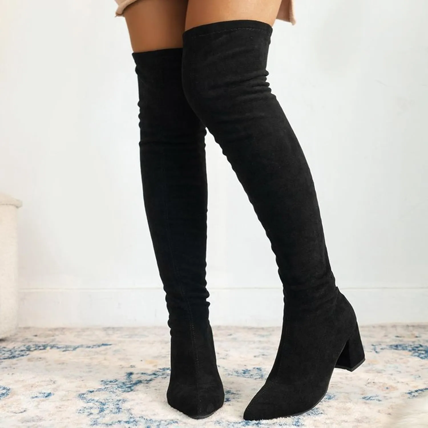 Women Over the Knee Boots Thigh High Chunky Heel Boots Comfortable Suede Long Boots Pointed Toe Winter Dressy Shoes