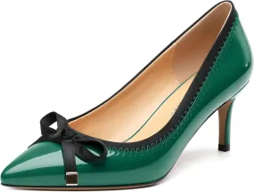 Womens Bow Mid Stiletto Pumps Sexy Patent Pointed Toe Evening Wedding Stiletto Mid Heel Pumps Dress Shoes 2.5 Inch