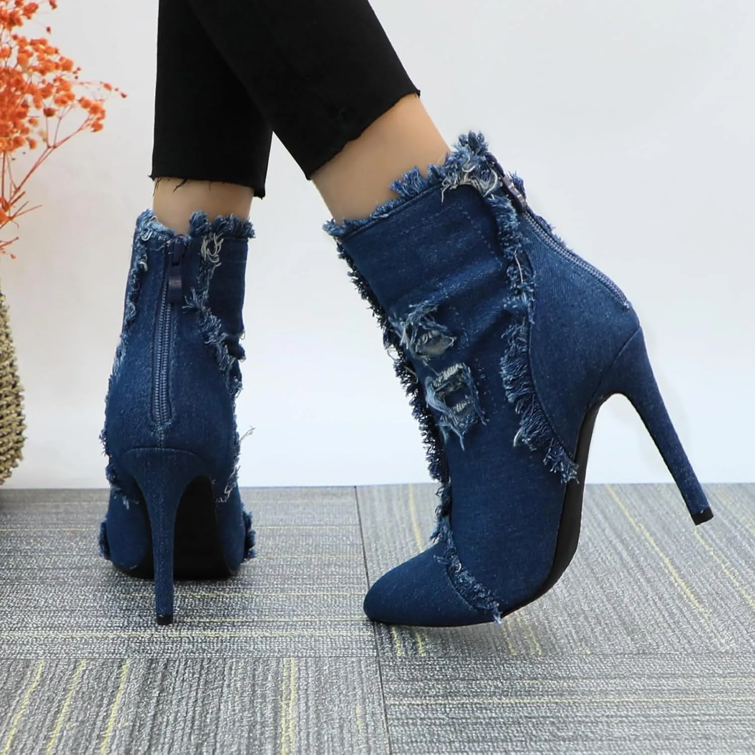 Women's Denim High Heeled Sandals Heels Closed Pointed Toe Heels Back Zip Stiletto Shoes