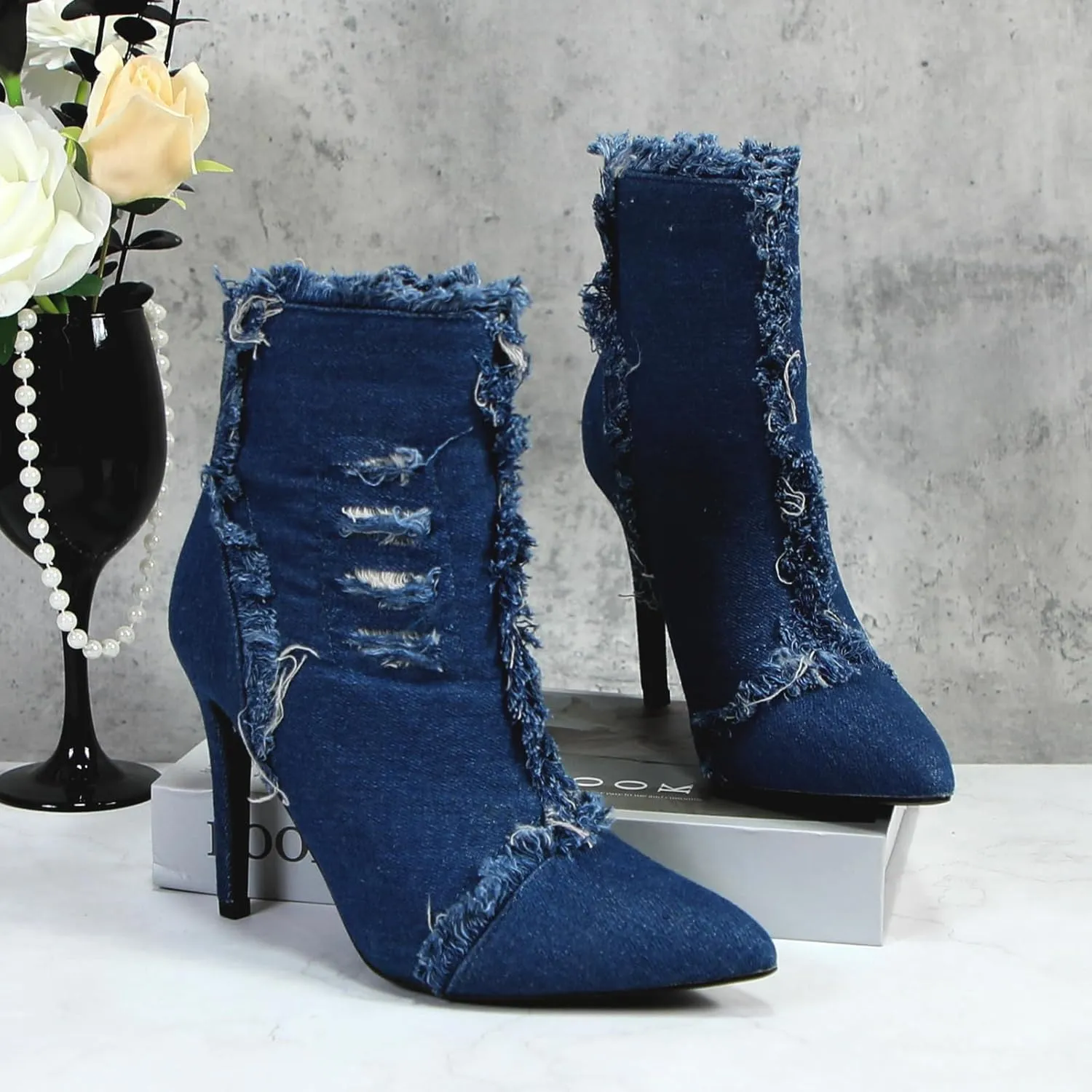 Women's Denim High Heeled Sandals Heels Closed Pointed Toe Heels Back Zip Stiletto Shoes