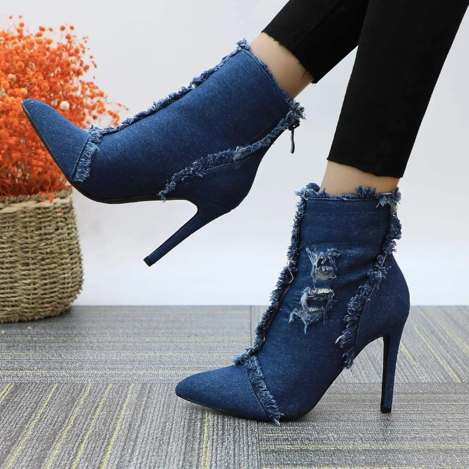 Women's Denim High Heeled Sandals Heels Closed Pointed Toe Heels Back Zip Stiletto Shoes