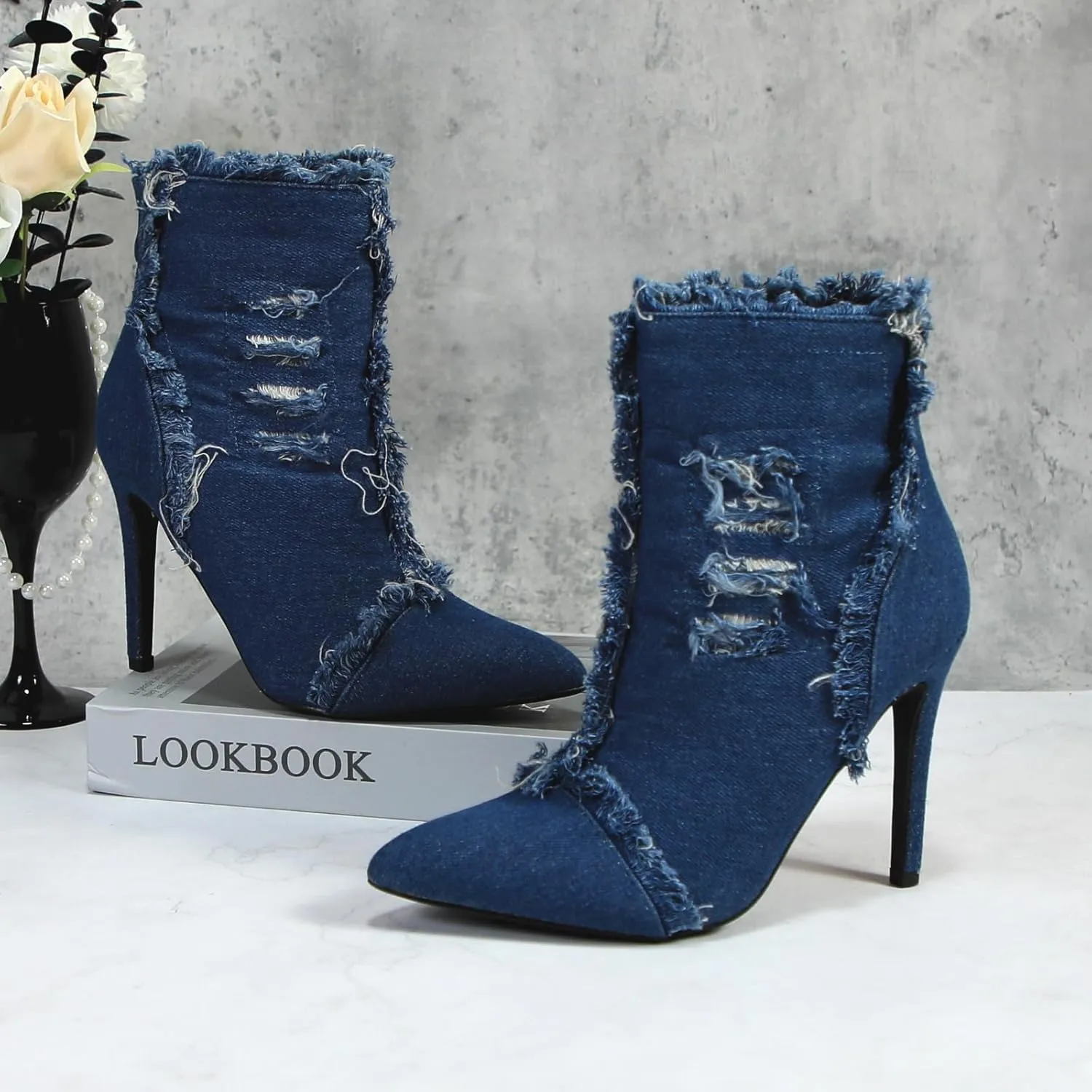 Women's Denim High Heeled Sandals Heels Closed Pointed Toe Heels Back Zip Stiletto Shoes