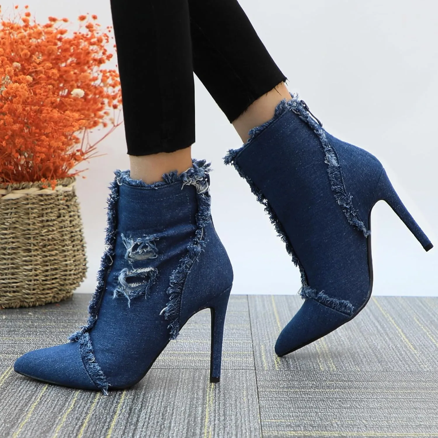 Women's Denim High Heeled Sandals Heels Closed Pointed Toe Heels Back Zip Stiletto Shoes